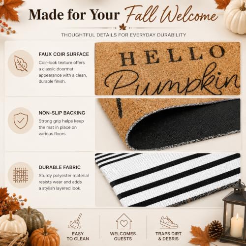 Tinideya 2 Pcs Hello Pumpkin Layered Doormat Set with Stripe Rug