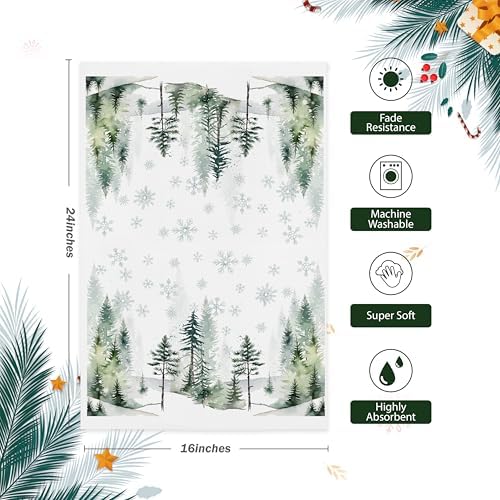 Winter Decor Green Tree Snow Christmas Kitchen Towels,16x24 Inches Set of 2,Tea Towels Dish Towels Hand Towels for Home Kitchen Farmhouse Bathroom Decor.(028)