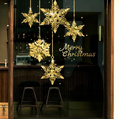 Christmas Tree Window Clings Stickers for Glass, Golden Christmas Snowflake Windows Static Stickers, DIY Wall Window Door Mural Showcase Decal Sticker (Style B)