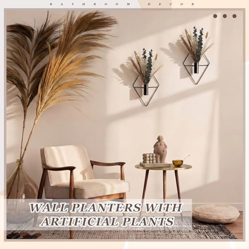Jexine 2 Pcs Hanging Artificial Planters Wall Decor, Matte Black, Pampas