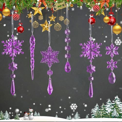 32pcs Crystal Christmas Ornaments for Christmas Tree Decorations-Purple Hanging Acrylic Snowflake and Icicle Ornaments with Drop Pendants for Xmas Winter Wonderland New Year Party Decorations Supplies