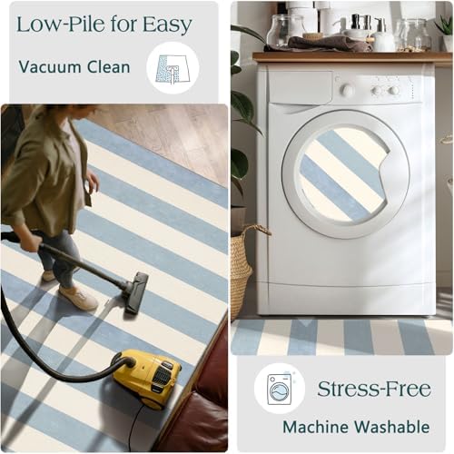 3x5 Entry Rug - Small Washable Indoor Outdoor Mats for Front Door Non-Slip Porch Rug Summer Blue White Coastal Striped