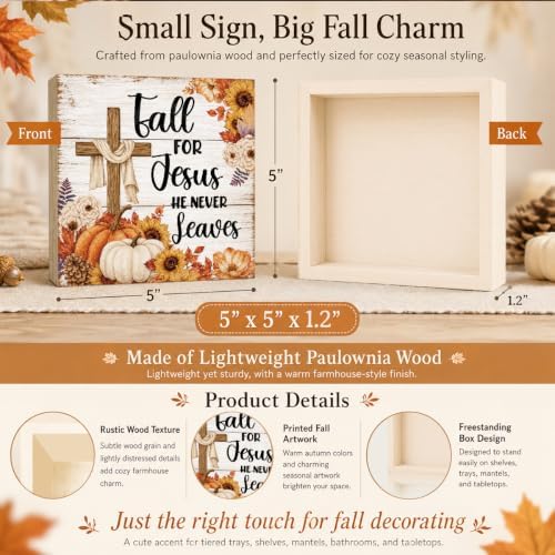 Fall For Jesus He Never Leaves Sign | Floral Cross Pumpkin Decor