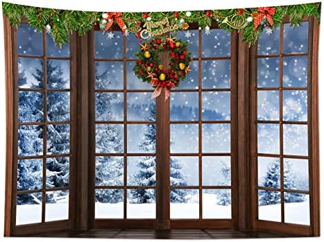 HVEST Christmas Tapestry Wall Hanging Winter Snow Pine Tree Forest outside Brown Window Tapestry for Bedroom, Xmas Nature Landscape Wall Art for Living Room Dorm Home Decor Backdrop, 80W x 60H inches