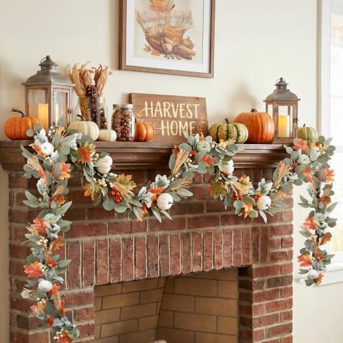 MUMTOP Lighted Fall Garland Eucalyptus Pumpkin, 6FT Thanksgiving Decor