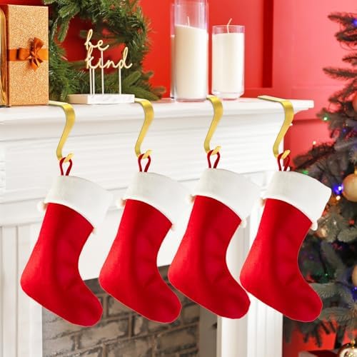 Christmas Stocking Holders For Mantle Set 4, Non-Slip Gold Fireplace Hooks
