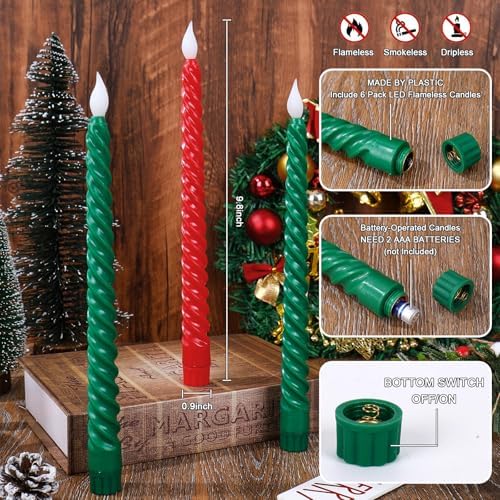 Whaline 6 Pcs Christmas LED Flameless Spiral Candles with Remote Battery Operated Taper Candles Xmas Red Green Electric Candle Boxed for Party Home Table Centerpiece Decor