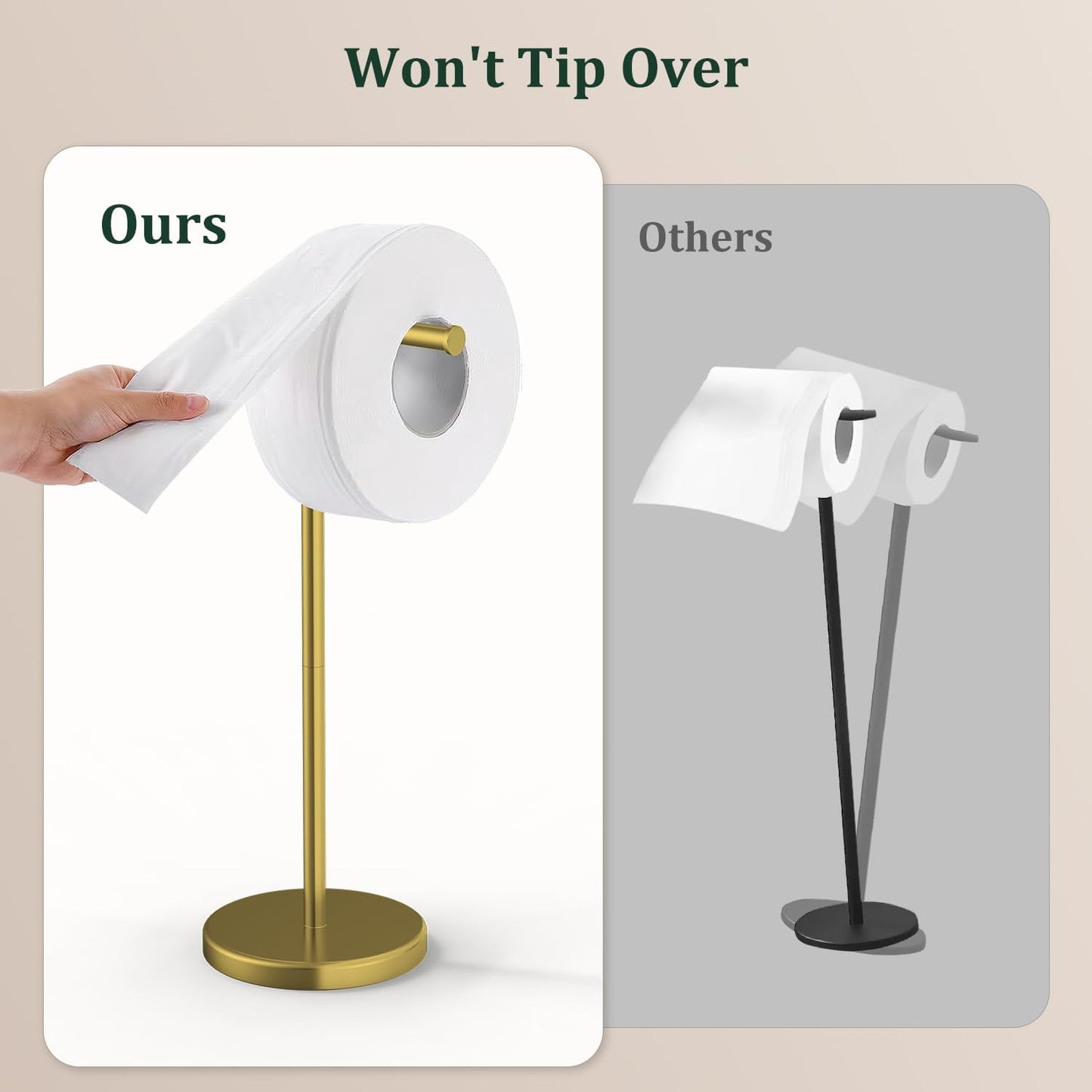Brushed Gold Toilet Paper Holder Stand Free Standing Tissue Roll Holder | Freestanding Toilet Paper Stand Storage for