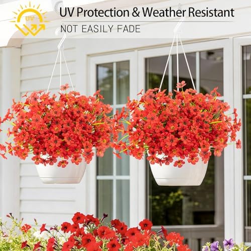 12 Bundles Red Artificial Flowers for Outdoors, UV Resistant Faux Plants