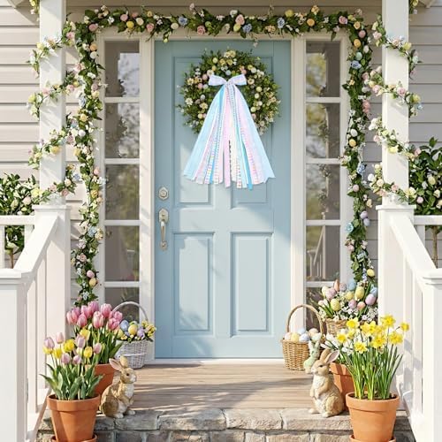 Wreath Sash Ribbon Bow Blue Bows Bunny Egg Wreath Bow Clip-On Wreath Sash for Front Door Spring Holiday Wreath Wall Indoor Outdoor Party Holiday Decorations