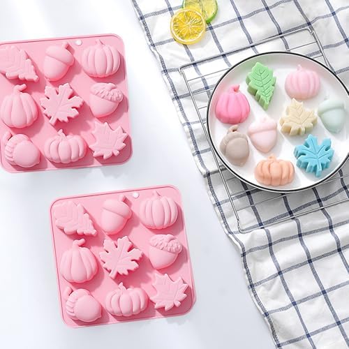 Fall Silicone Baking Mold, 9-Cavity Pumpkin Acorn Maple Leaf, Pink