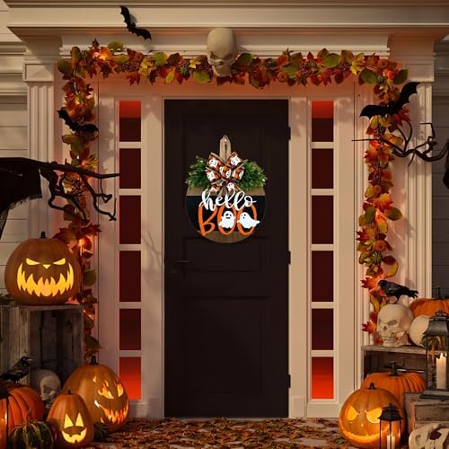 Halloween Ghost Wreath, Wooden Halloween Ghost Door Sign Wreath Decorations for Front Door Hanger