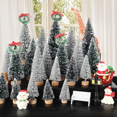 Mini Christmas Tree, Small Pine Tree with Wooden Bases for Xmas Holiday Party Home Tabletop Tree Decor (Silver/Green 30pcs)