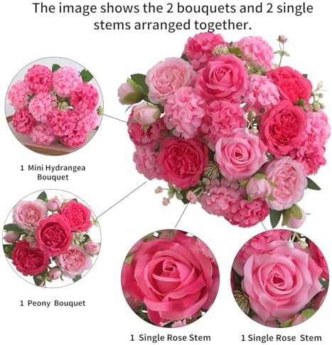4 Pcs Mixed Artificial Peony Flowers Set-2 Bouquets & 2 Stems, Small Pink Fake Peony Rose Hydrangea Flowers for Vase Silk Floral Arrangements for Table Centerpiece Home Wedding Party Bridal Decoration
