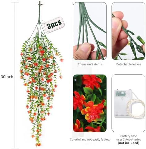 RECUTMS Artificial Plant, 3 Pack Hanging Plants with 30 LED Lights, 11.5in Eucalyptus, Orange Red, Indoor Outdoor Decoration