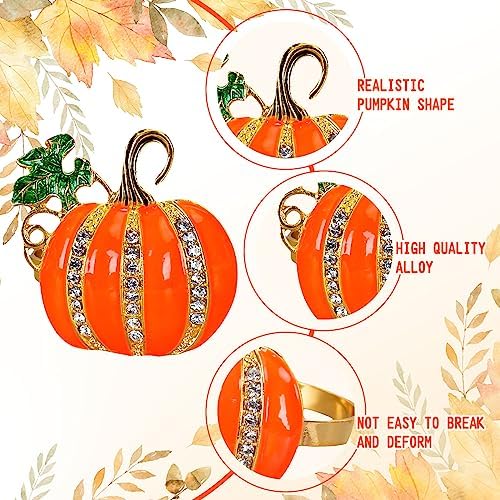 Whaline 6 Pcs Fall Pumpkin Napkin Rings Autumn Thanksgiving Napkin Holders Metal Napkins Buckle with Rhinestone for Family Gathering Wedding Party Dinner Table Setting Decor