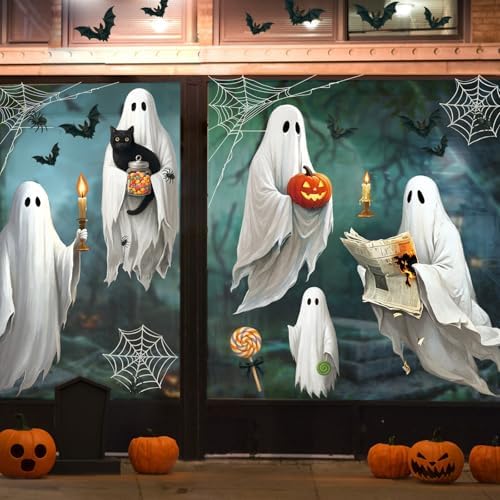 AhfuLife 4 Sheets Large Halloween Ghost Window Stickers Decorations, 16.9" x 35.4", Big Spooky Ghost Window Clings Double Side Reusable Decals for Halloween Home Bar Shop Street Party Decorations