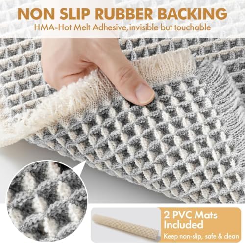 MIULEE Set of 2 Waffle Bathroom Rugs LightGrey&Cream 17"x24"+17"x48"