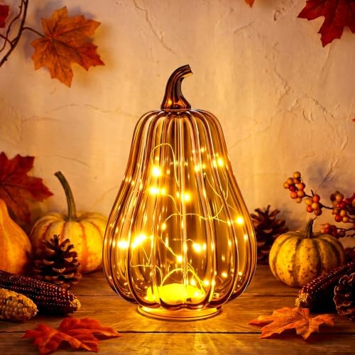 Glooglitter Mercury Glass Pumpkin Light LED Fall Lamp, Gourd, Amber, Middle