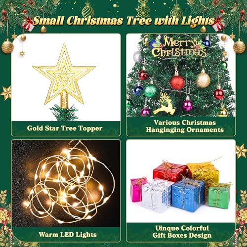 Mini Christmas Tree with Lights, 2 Ft Small Tabletop Christmas Tree, 2 Pack