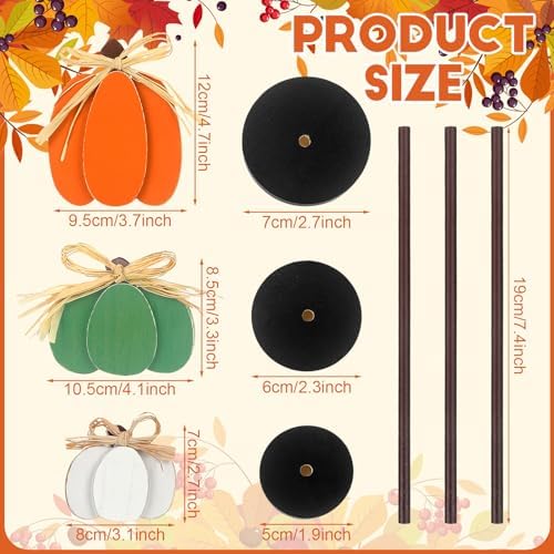 Thyle 3 Pcs Fall Pumpkin Decor, Wooden, Orange, Green, White