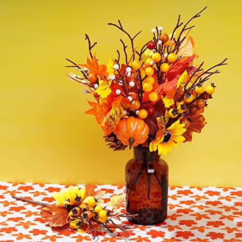 6 Pack Artificial Maple Leaves Branches Autumn Pumpkin Berry Twig Stem Orange Fall Stems Fake Artificial Flower Picks for Thanksgiving Christmas Harvest Festival Decoration DIY Floral Arrangements