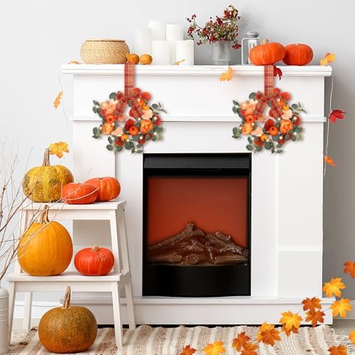 Thiccywoov 2 Pack 9'' Fall Small Wreath for Cabinet with LED String Light