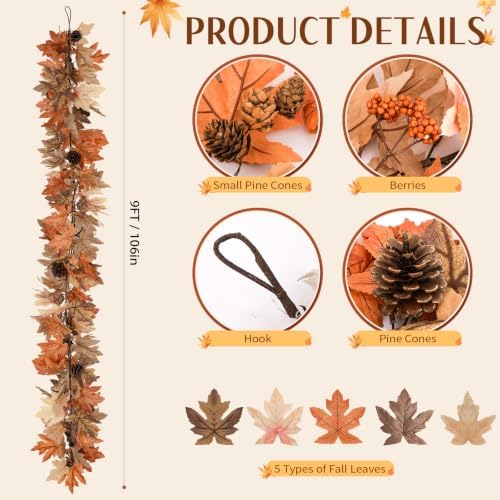 2 Pack 9 Ft Fall Garland with Lights & Timer, Thanksgiving Mantel Decor
