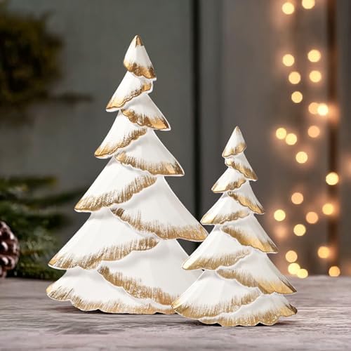 RM ROOMERS Christmas Tree Figurines Wood, 2PCS White & Gold Tabletop Trees