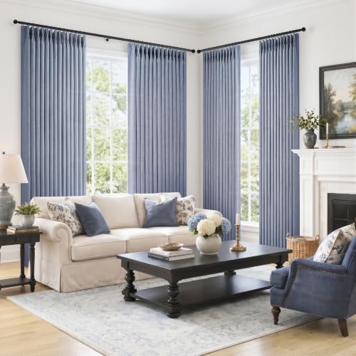 Extra Long 108 Inch Dusty Blue Pleated Linen Light Filtering Sheer Curtains