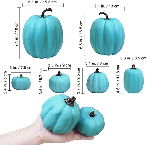 Winlyn 7 Pcs Assorted Artificial Teal Blue Pumpkins Halloween Faux Coastal Decorative Foam Pumpkins for Fall Baby Shower Thanksgiving Halloween Table Centerpiece Shelf Mantel Décor