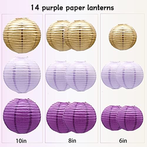 14 Pcs Purple Lavender Gold Paper Lanterns, 6-10 in Hanging Party Decor Set
