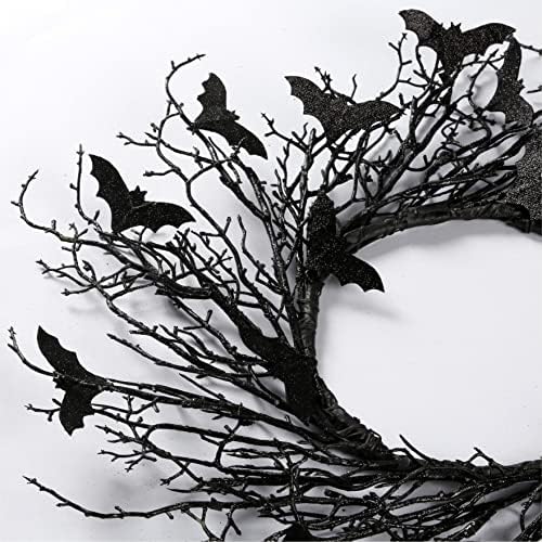 Sggvecsy 17.7"Artificial Black Twig Wreath with Glitter Bats - Handmade Sparkling Hanging Decorations for Front Door, Indoor/Outdoor Halloween Party