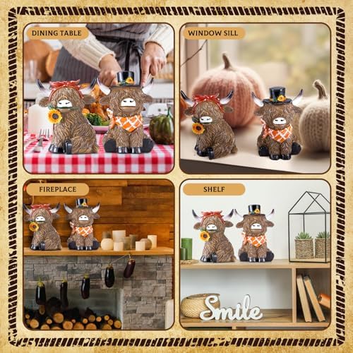 Simgoing 2 Pack Fall Highland Cow Sunflower Cow Figurines for Home Decor