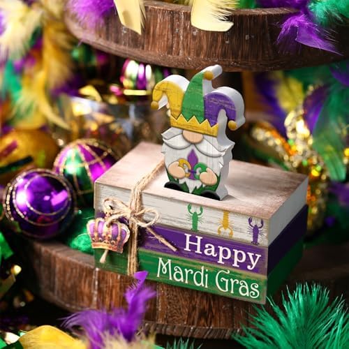 4 Pcs Mardi Gras Decorations Wooden Mardi Gras Table Centerpiece Crawfish Gnome Carnival Tiered Tray Decorations Mini Wooden Faux Books Stack Signs for Masquerade Office Tabletop Bookshelf