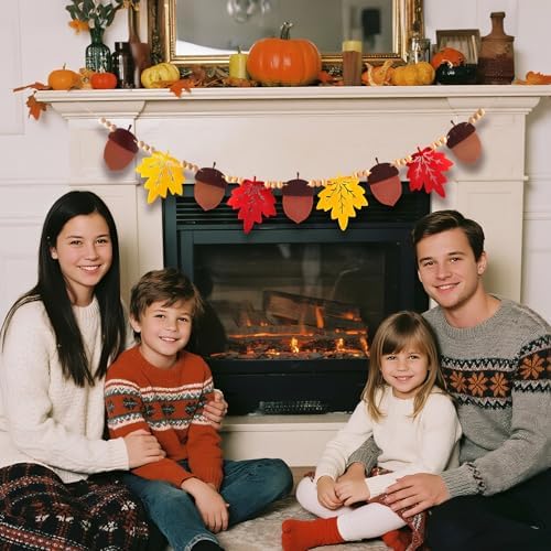 Thanksgiving Decorations Indoor, Fall Party Hanging Decor, Felt Pumpkins Leaves Garland and Wood Bead Banner for Home Mantel Fireplace Wall(Acorn+Maple Leaf)