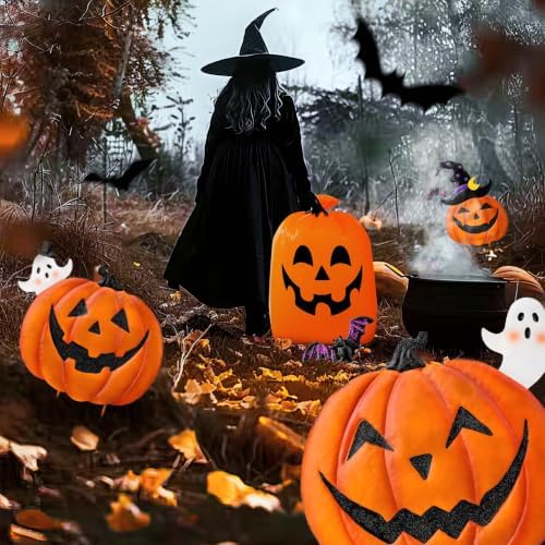 39.8" Halloween Garden Stakes, Stacked Metal Pumpkins Jack-o-Lantern Lawn Decor with Witch Hat, Shimmering Metal Yard Signs Stake Outdoor Decorative Pumpkin for Home Lawn Pathway Decor