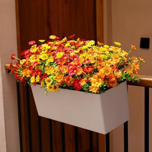 alyptus Faux Flowers Outdoor Artificial Mums – 12 Bundles UV Resistant Fall Flowers for Planter Porch Patio Yard Garden Decoration(Red 5, Orange 5, Yellow 2)