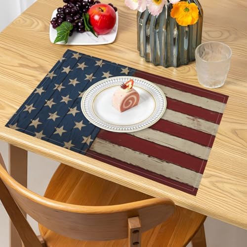 4th of July Placemats Set of 4 18x12 Inch Patriotic American Flag Linen Place Mats Heat-Resistant Washable Wipeable Independence Day Memorial Day Table Mat for Party Kitchen Dining Room Dinner Table