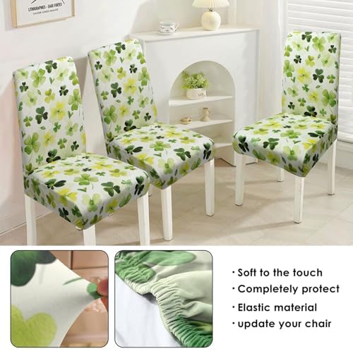 St Patricks Day Chair Covers Set of 4, Green Four Leaf Clover Dining Chair Covers, Elastic Removable Washable Dining Chair Covers for St. Patricks Day Kitchen Dining Room Holiday Party Decor