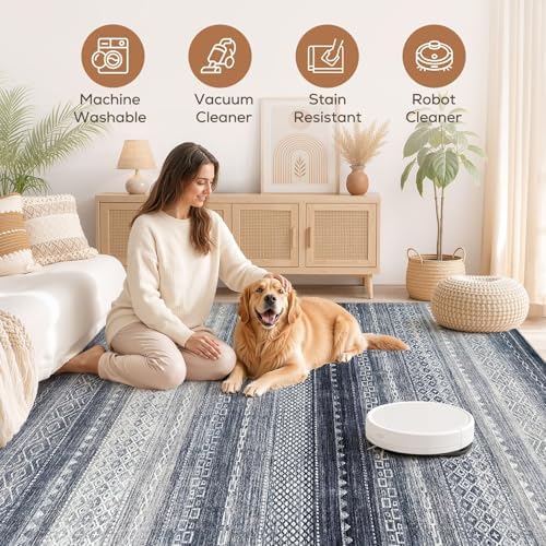 6x8 Area Rugs Living Room: Washable Boho Large Neutral Soft Rug Modern Stain Resistant Moroccan Indoor Non Slip Floor