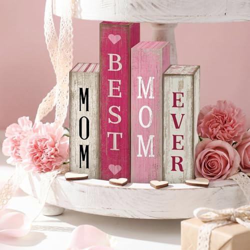 Lineshading 4 Pcs Mothers Day Table Decoration Wooden Book Signs