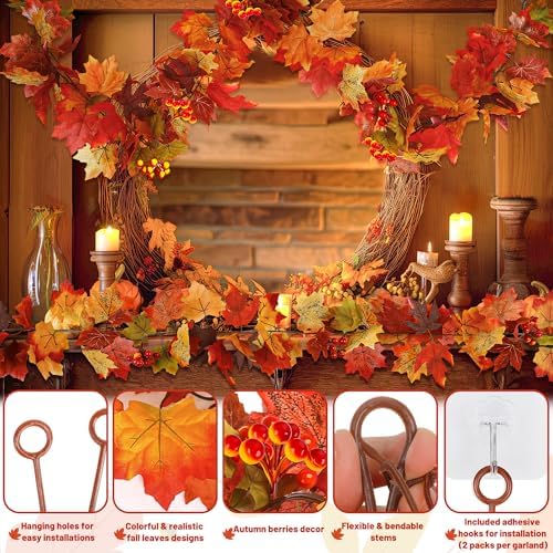 4Pack 23.6FT Red Fall Garland with Berries Maple Leaves for Autumn Decor