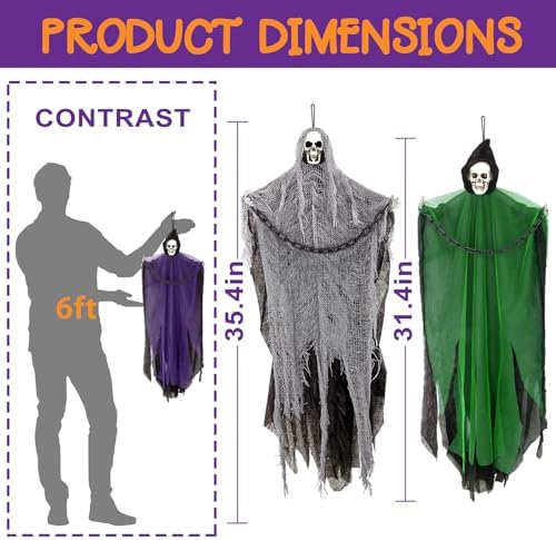 Halloween Hanging Skeleton Ghosts with Glowing Eyes (3 Pack)