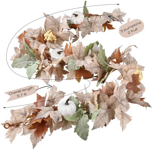 DearHouse Fall Maple Leaf Garland, 5.9Ft Hanging Vine Artificial Autumn Foliage for Thanksgiving, Home, Wedding, Fireplace, Party, Christmas Decor (White)