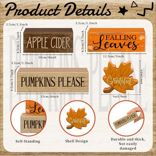 Moucuny 4 Pcs Fall Wooden Block Signs Tiered Tray Decor, Grateful