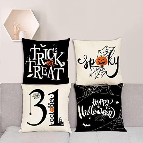 YeeJu Halloween Pillow Covers 16x16 Set of 4 Trick or Treat Decorative Throw Pillows Cover Black Spider Webs Pillow Cases Home Outdoor Sofa Couch Cushion Covers for Halloween Decorations (16 by 16)