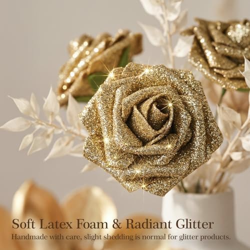 30PCS Gold Glitter Artificial Roses with Stems, Real Touch Foam Flowers
