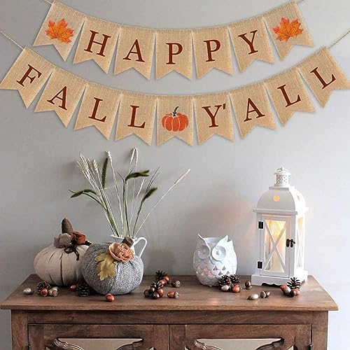 Happy Fall Yall Burlap Banner for Mantel Thanksgiving Decorations Autumn Sign Decor Rustic Farmhouse Banner Pumpkin Harvest Party Fireplace Wall Hanging Indoor Outdoor Pumpkin Patch Yard Home Office Garland Decoration