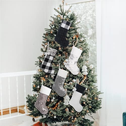 LUBOT 4 Pack Christmas Stockings Large Family Xmas Stocking Black White Gray Contrast Match Flannel Plaid Plush Sequins Hanging for Decorations Holiday